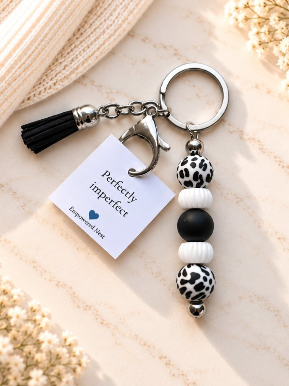 Handmade Black & White Beaded Keychain with Tassel